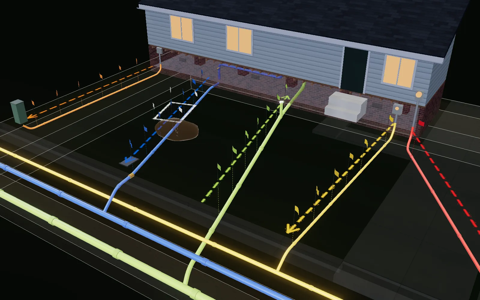 The ground made transparent over a front yard, showing the blue water line from the street to the house with marking flags above it and a leak under a white-lined dig box