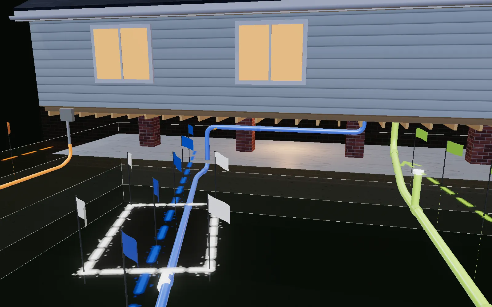 The yard cut away at the house, showing the water and sewer lines entering the brick crawl-space foundation and running under the floor