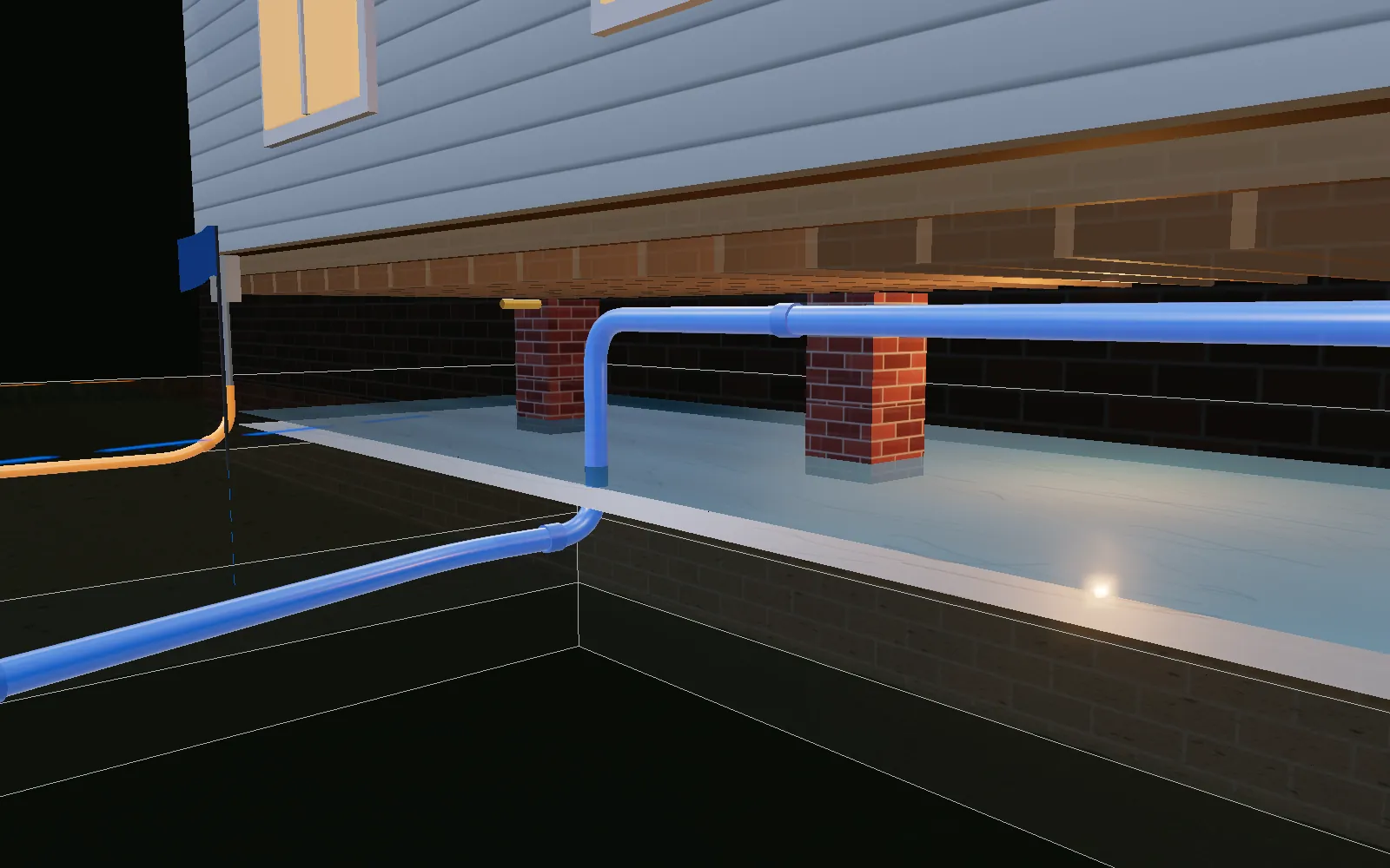 A cutaway of a brick crawl space with water spread across the vapor barrier under the floor joists