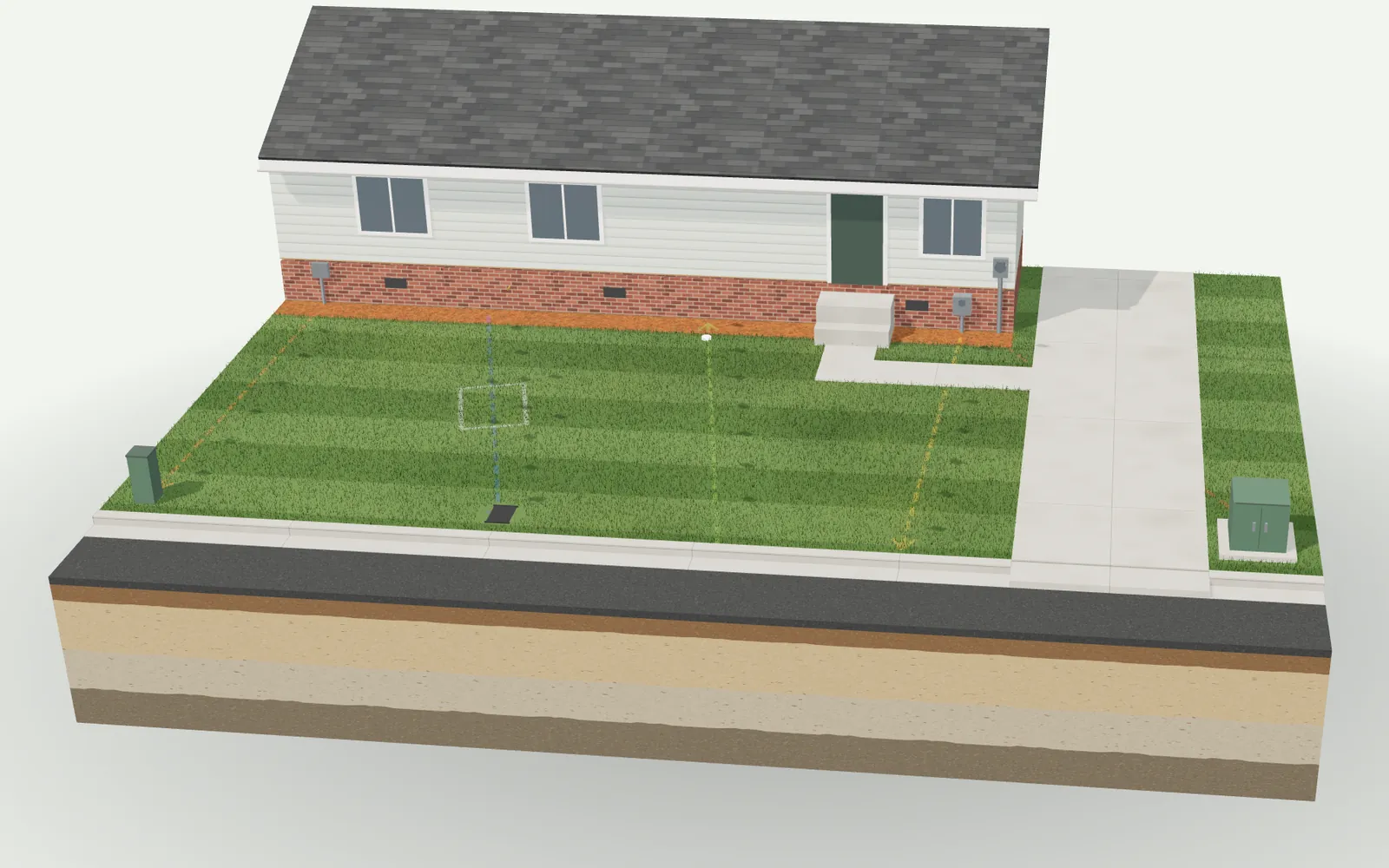 A front yard model in daylight: a freshly mown lawn in front of the house, the flags lifted and the ground whole again