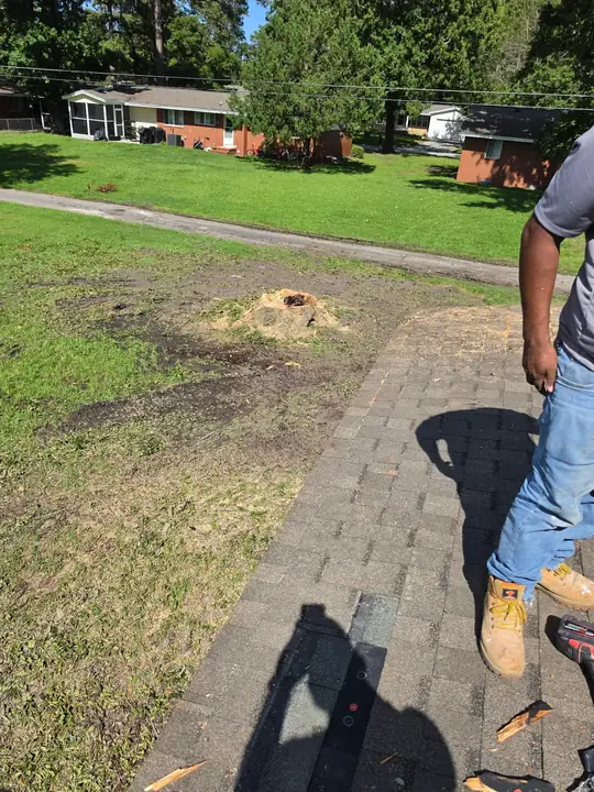 A view from a roof over a front lawn with a freshly cut stump, a worker standing on the shingles