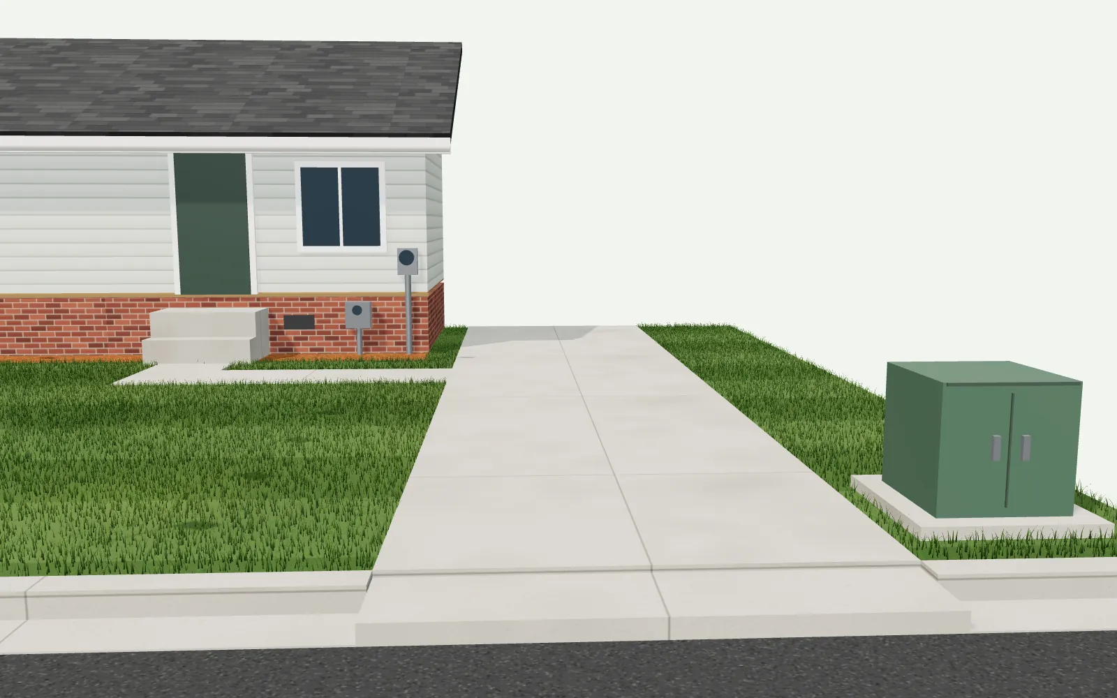 A front yard model in daylight: the concrete drive and front walk beside the lawn and the house