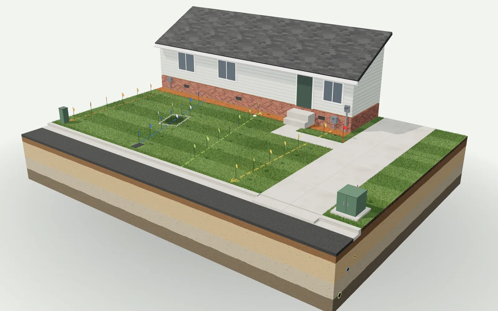 A cutaway model of a Jacksonville front yard: the lawn with colored marking flags over the buried lines, the brick crawl-space foundation of the house, the drive and the street