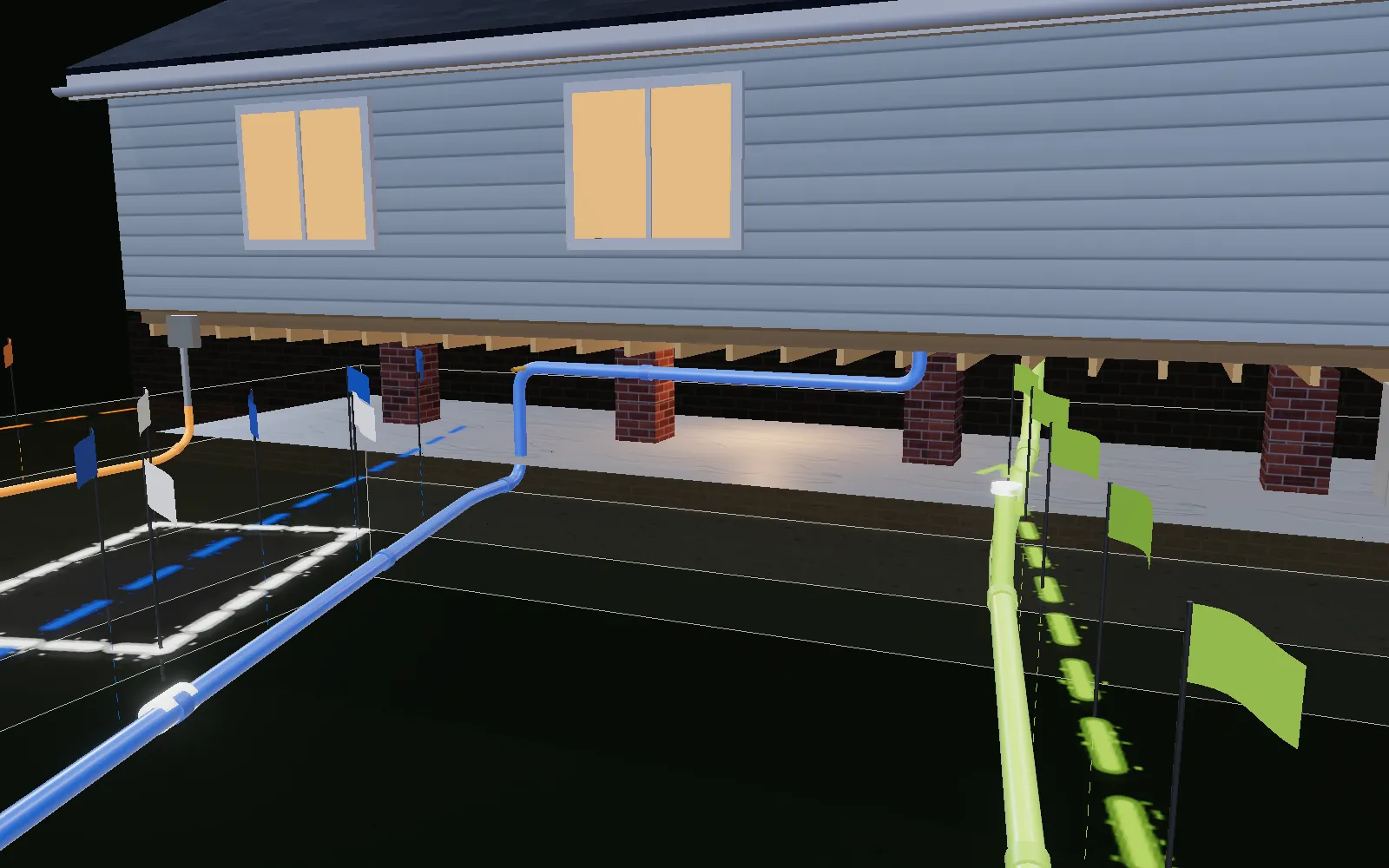 The yard cut away at the house, showing the water and sewer lines entering the brick crawl-space foundation and running under the floor