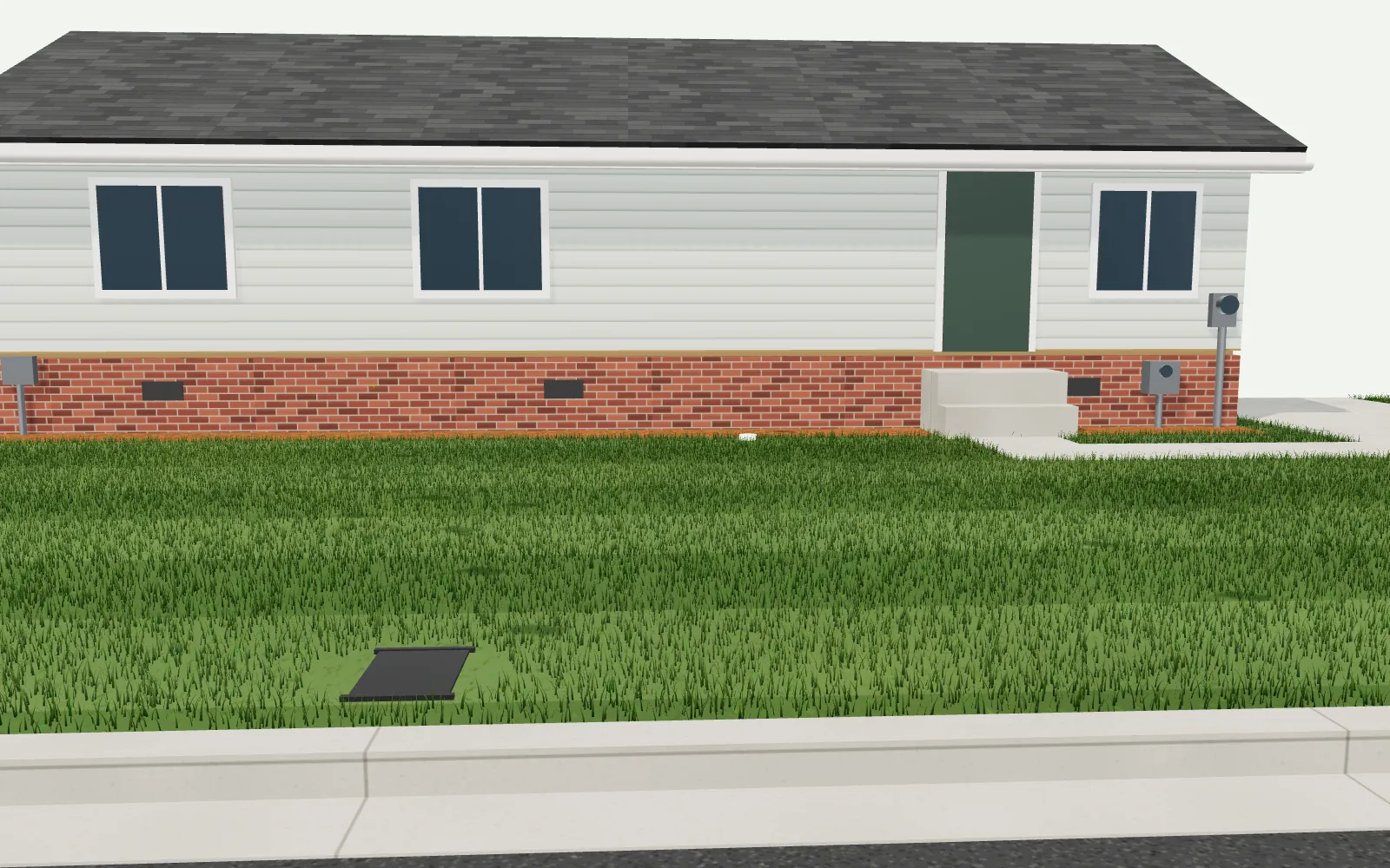 A front yard model in daylight: a freshly mown lawn in front of the house, the flags lifted and the ground whole again