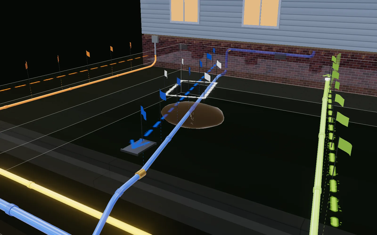 The ground made transparent over a front yard, showing the blue water line from the street to the house with marking flags above it and a leak under a white-lined dig box